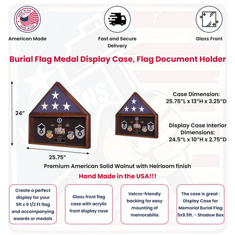 Burial Flag Medal Display case, Ceremonial Flag display - Material Cherry or Walnut.