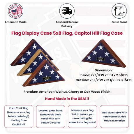 Flag Display Case 5x8 flag, Capitol Hill Oak or Cherry Flag Case.