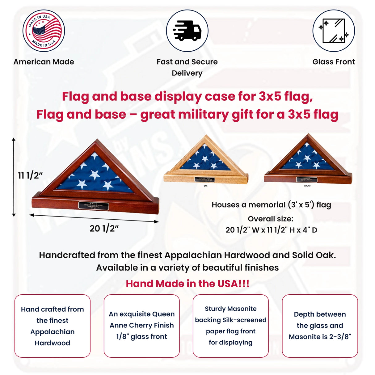 Flag and base display case for 3x5 flag, Flag and base – great military gift for a 3x5 flag, Flag and pedestal display case