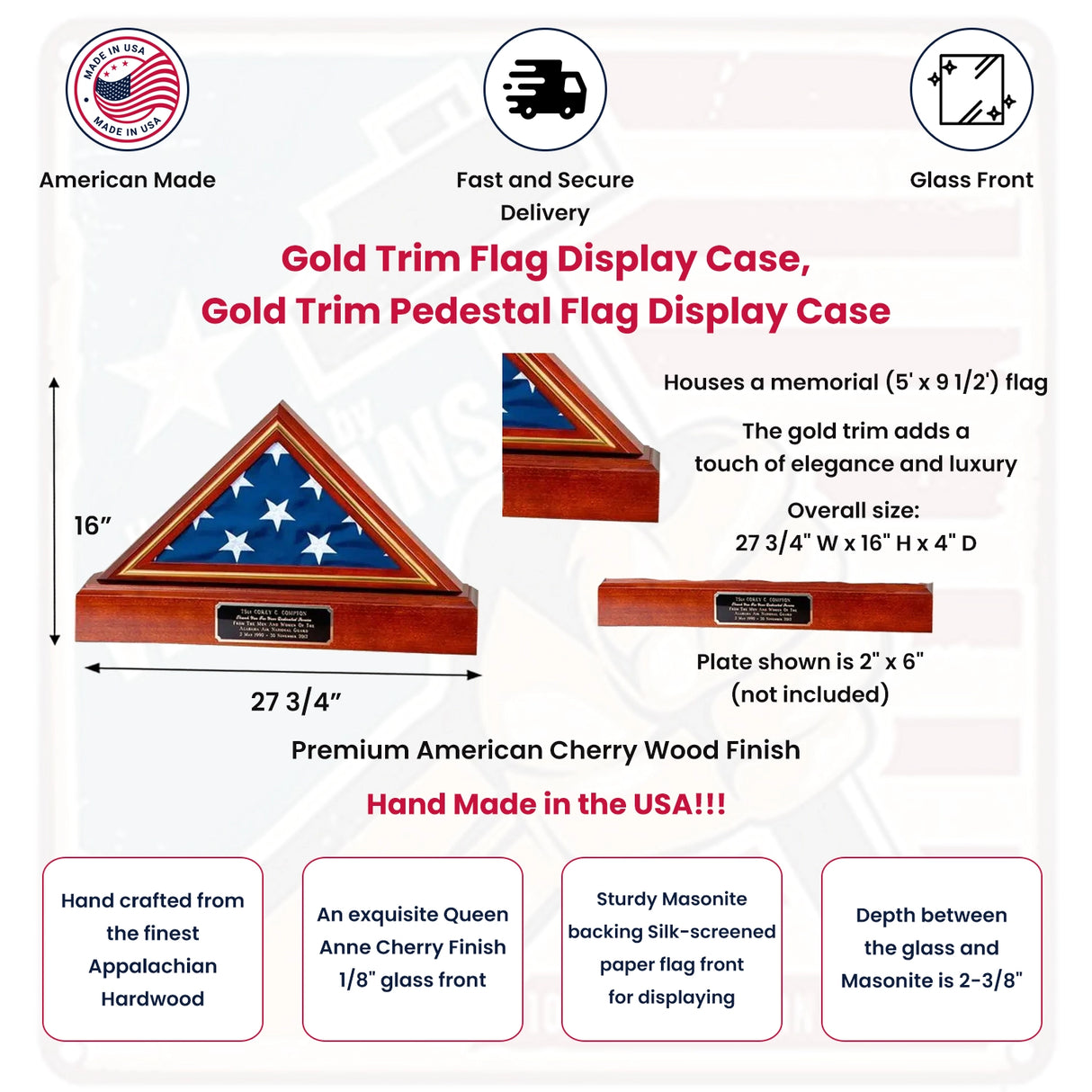 Gold Trim Flag Display Case, Gold Trim Pedestal Flag Display Case, Pedestal and Flag Case