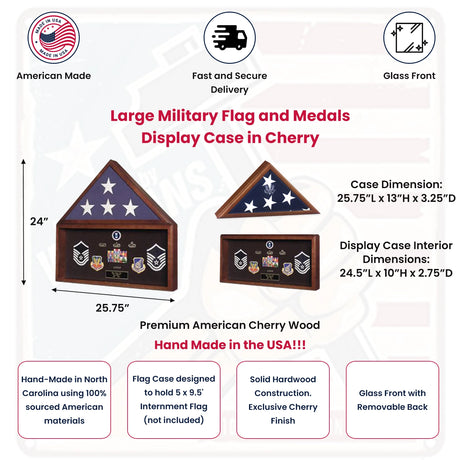 Large Military Flag and Medals Display Case - Cherry