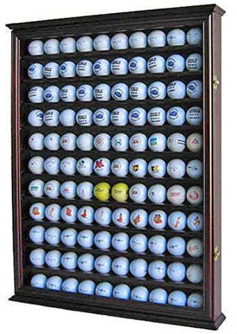 DisplayGifts Solid Wood 110 Golf Ball Display Case Wall Cabinet Holder  Shadow Box Acrylic Door UV Protection Cherry Wood Finish