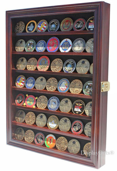 Large Military Challenge Coin Display Case Cabinet Holders Rack 98% UV Cherry Finish